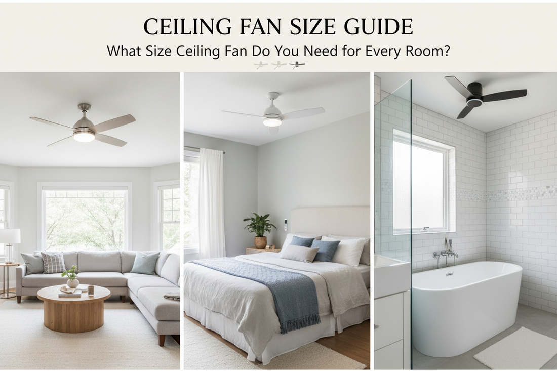 Ceiling fan size guide featuring ceiling fans installed in a living room, bedroom, and bathroom to help choose the right fan for every room.