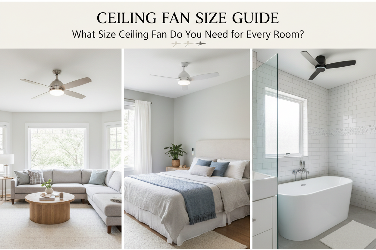 Ceiling fan size guide featuring ceiling fans installed in a living room, bedroom, and bathroom to help choose the right fan for every room.