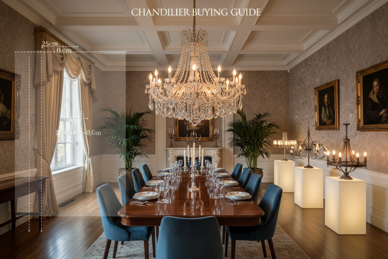 Crystal chandelier hanging above a formal dining table, with additional chandelier styles displayed on pedestal stands along the wall