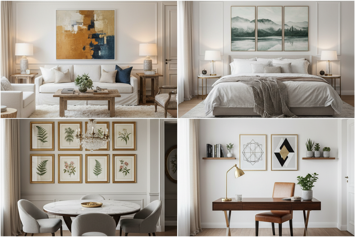 Collage of modern living room, bedroom, dining area, and home office interiors decorated with framed wall art.