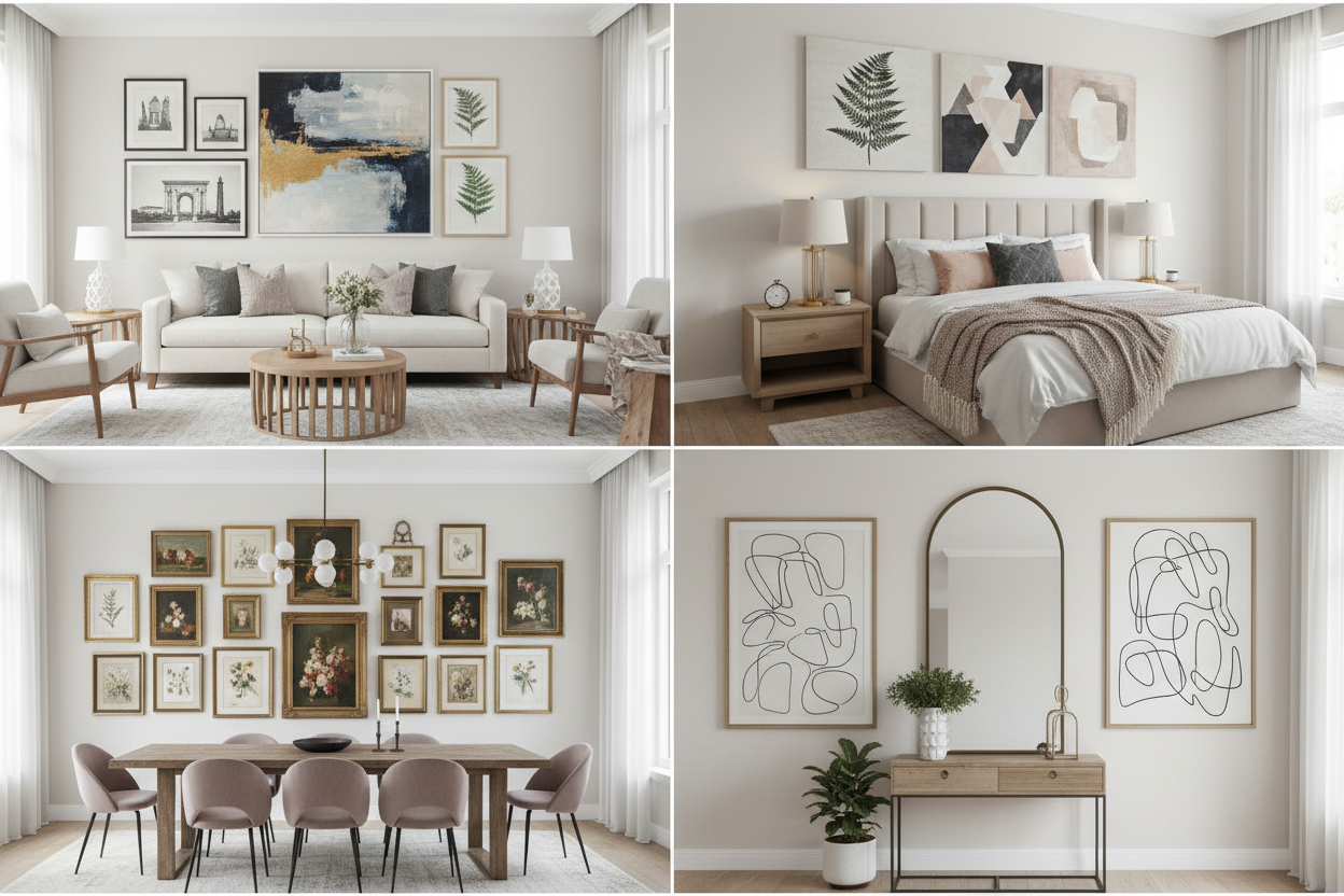 Collage of a modern living room, bedroom, dining area, and home office decorated with framed wall art.