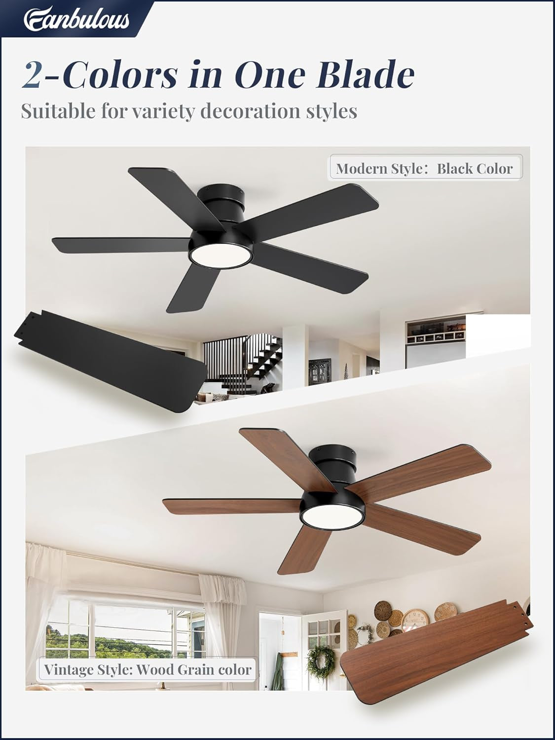 42 Inch Black Walnut Ceiling Fan with Dimmable 3CCT LED Light Flush Mount
