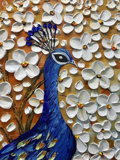 Hand-Painted 24x48 Inch Peacock Feather Oil Painting Framed Canvas