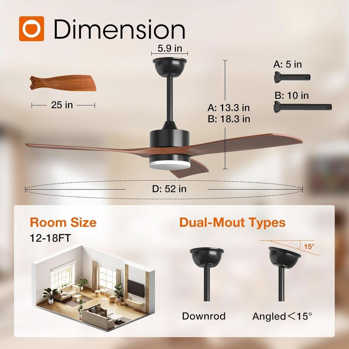 52 Inch Black Walnut Ceiling Fan with Remote Weather Resistant