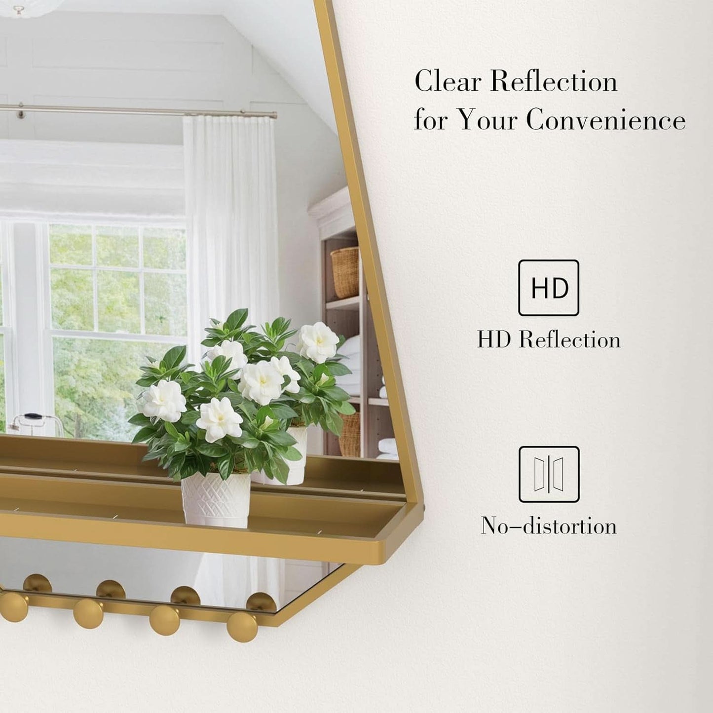 Goldtone Hexagonal Wall Mirror 26x20 Inch with Shelf and Hooks