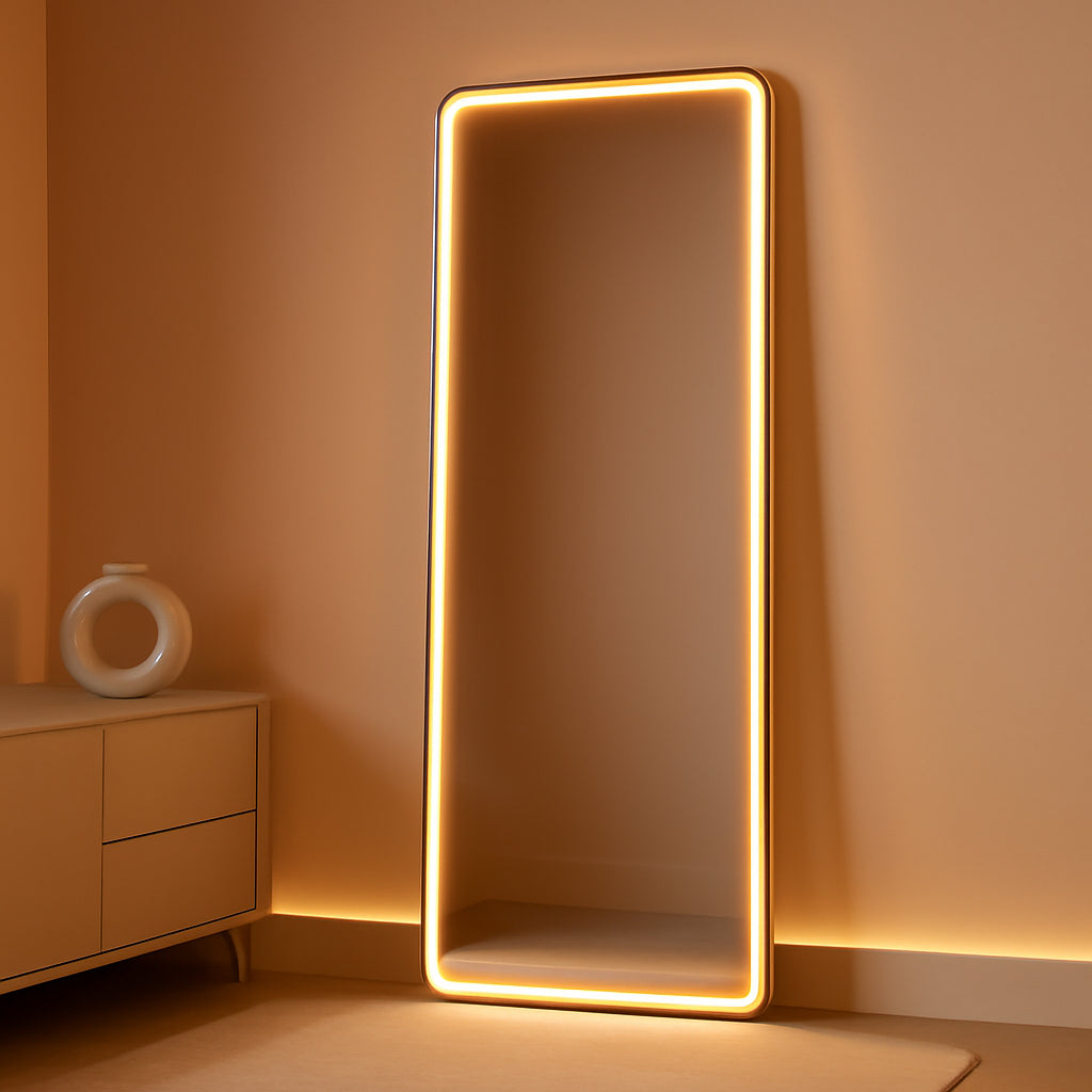 56 Inch LED Lighted Floor Standing Mirror with Tempered Glass and Touch Control
