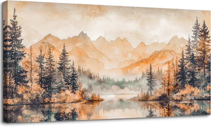 Canvas Wall Art 20x40 Inches Misty Forest Gold Lake Landscape-0
