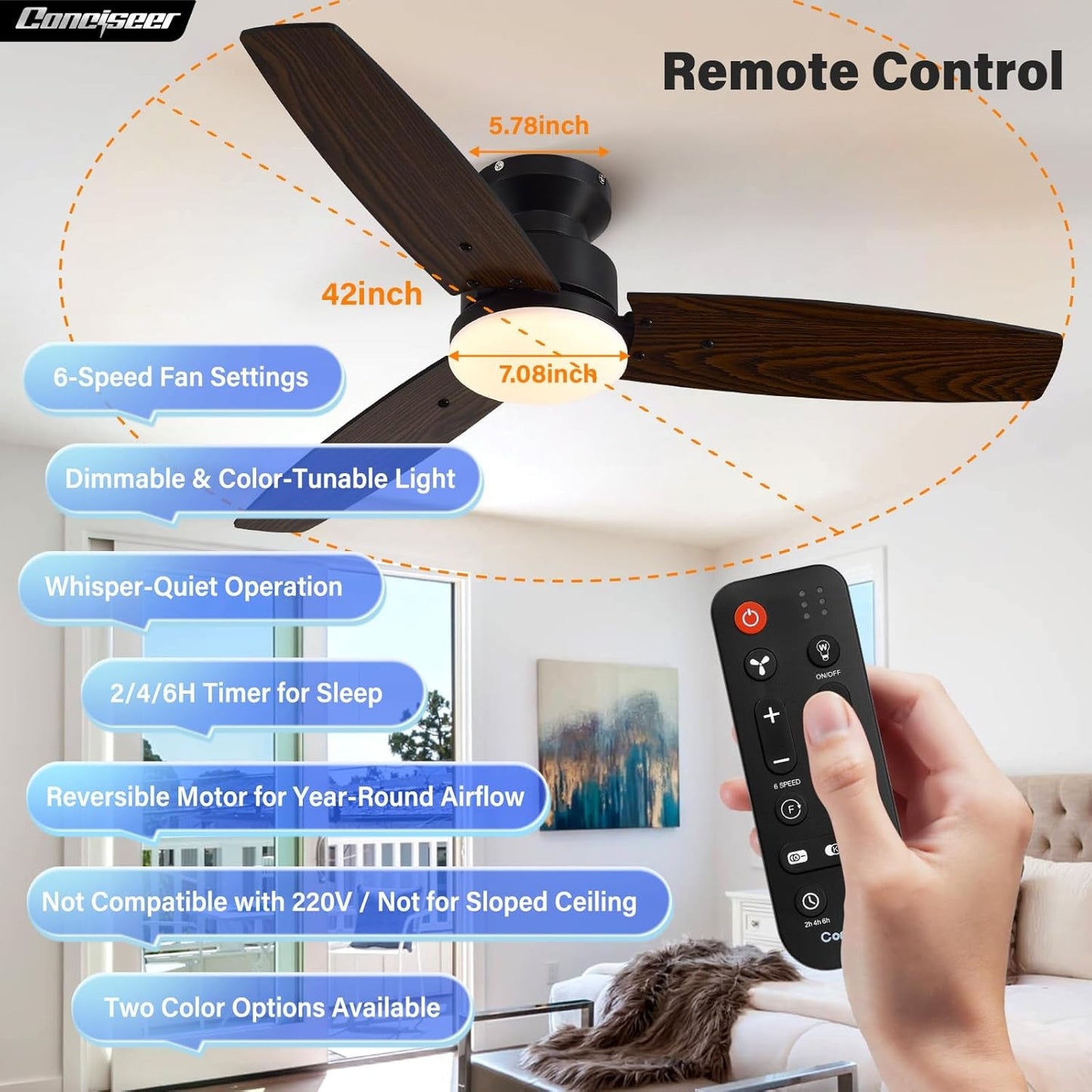 42 Inch Dual Color Woodgrain Ceiling Fan with Remote Control Energy Efficient