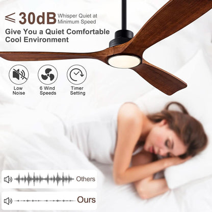 52 Inch Black Walnut Solid Wood Ceiling Fan with LED Light and Remote