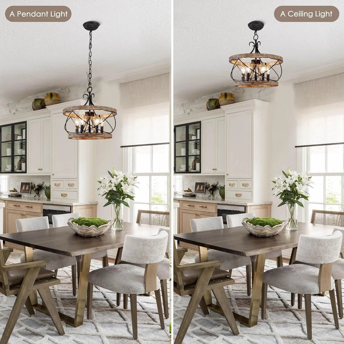Two dining room settings with pendant and ceiling lights above a table.