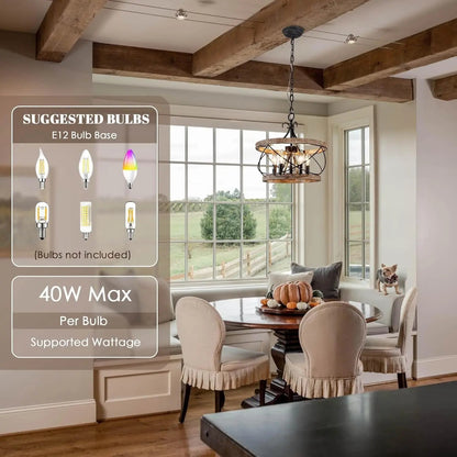 Dining room with a chandelier and suggested bulb information overlay