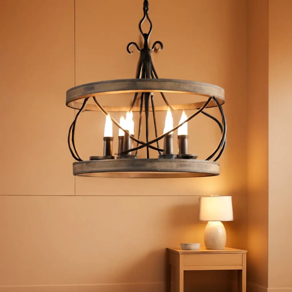 Chandelier hanging in a room with a warm ambiance