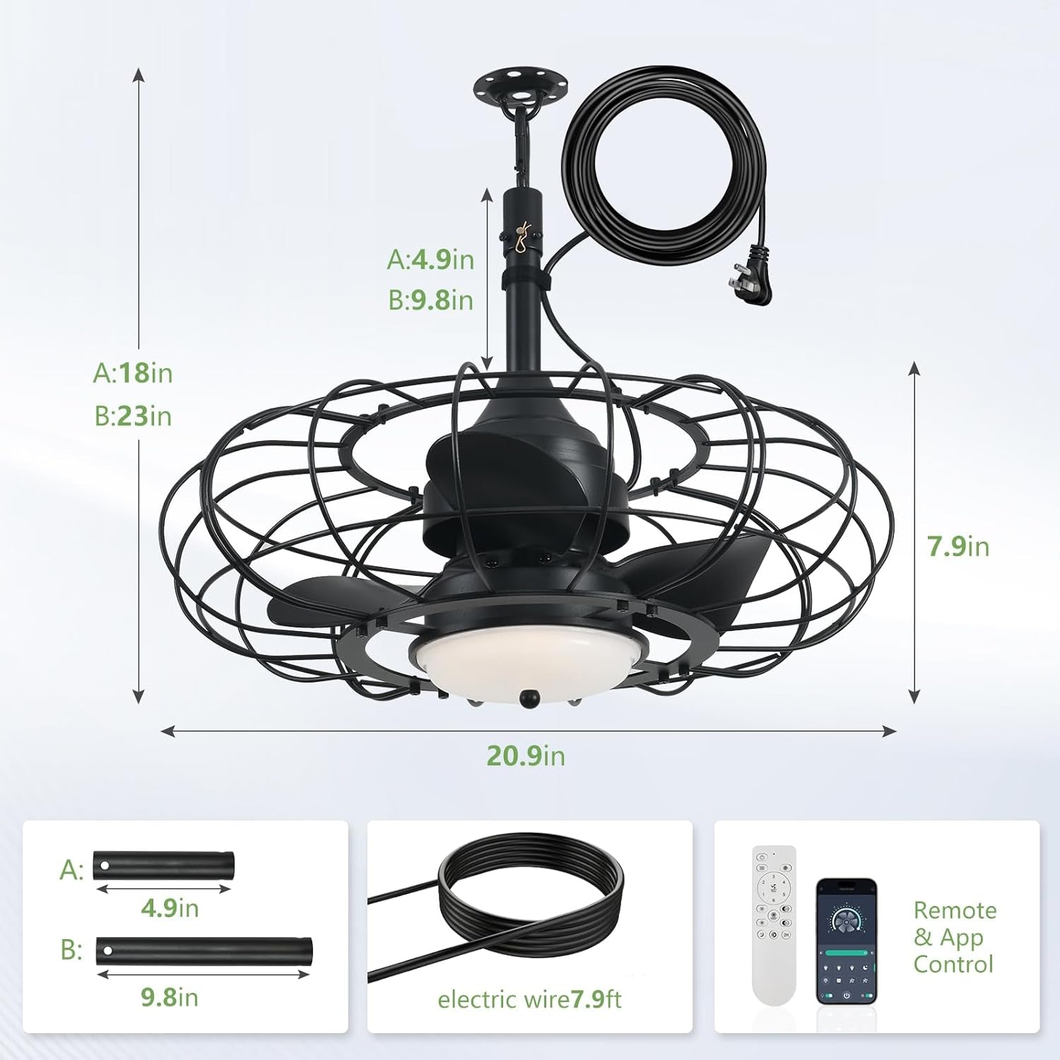 Ceiling fan with remote control and app features, shown with measurements on a white background.