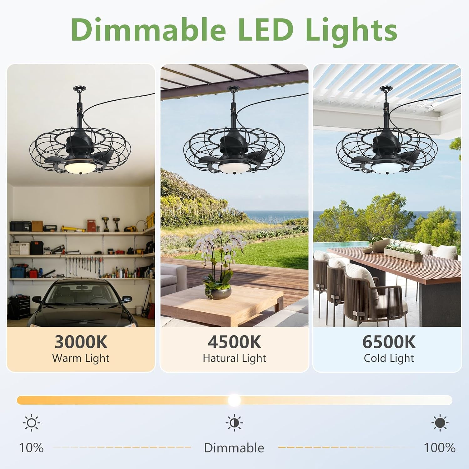 Dimmable LED ceiling fan light with three color temperature options displayed in a collage.
