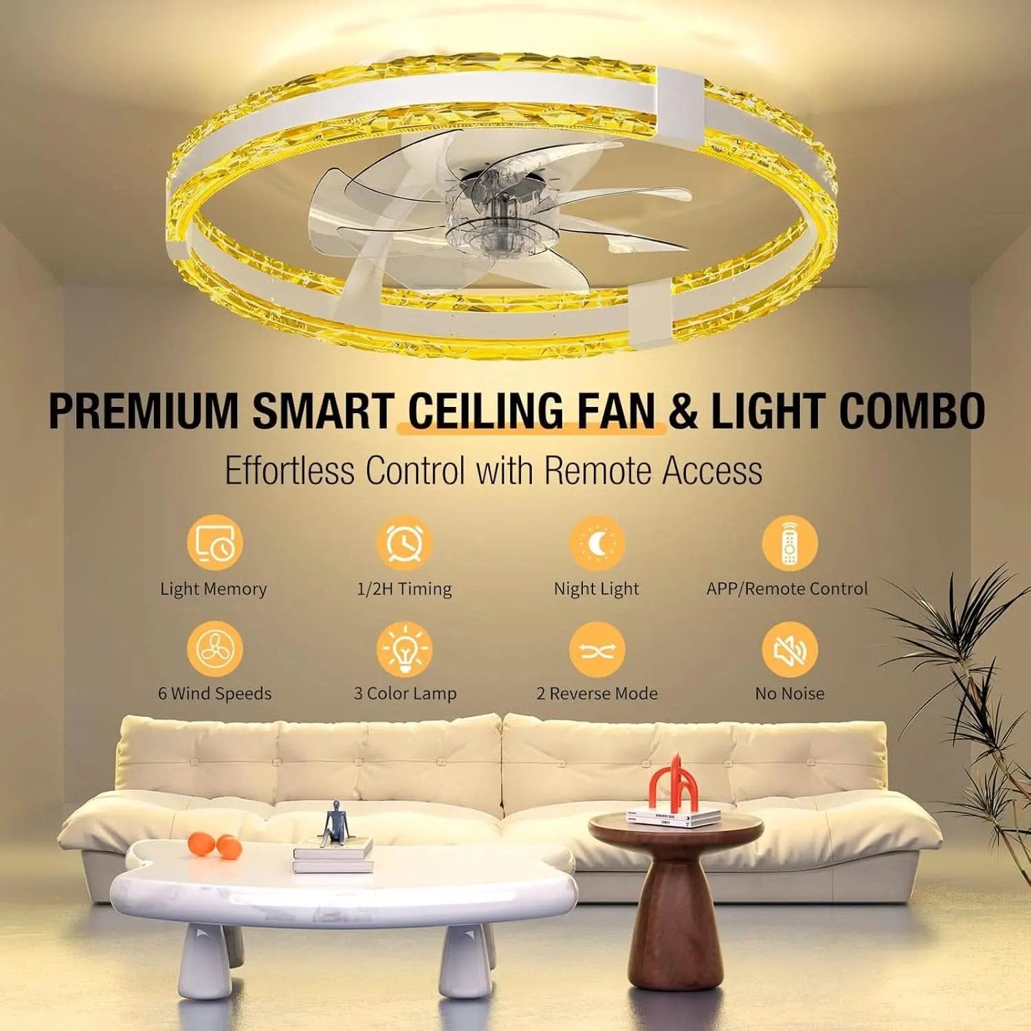 Ceiling fan and light combo in a living room setting with features highlighted.