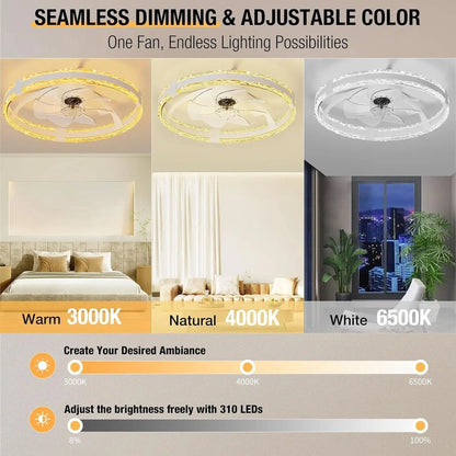 Ceiling fan with light showing adjustable color temperature options in a home setting.