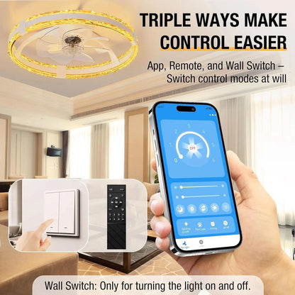 Ceiling fan with control options including app, remote, and wall switch displayed.