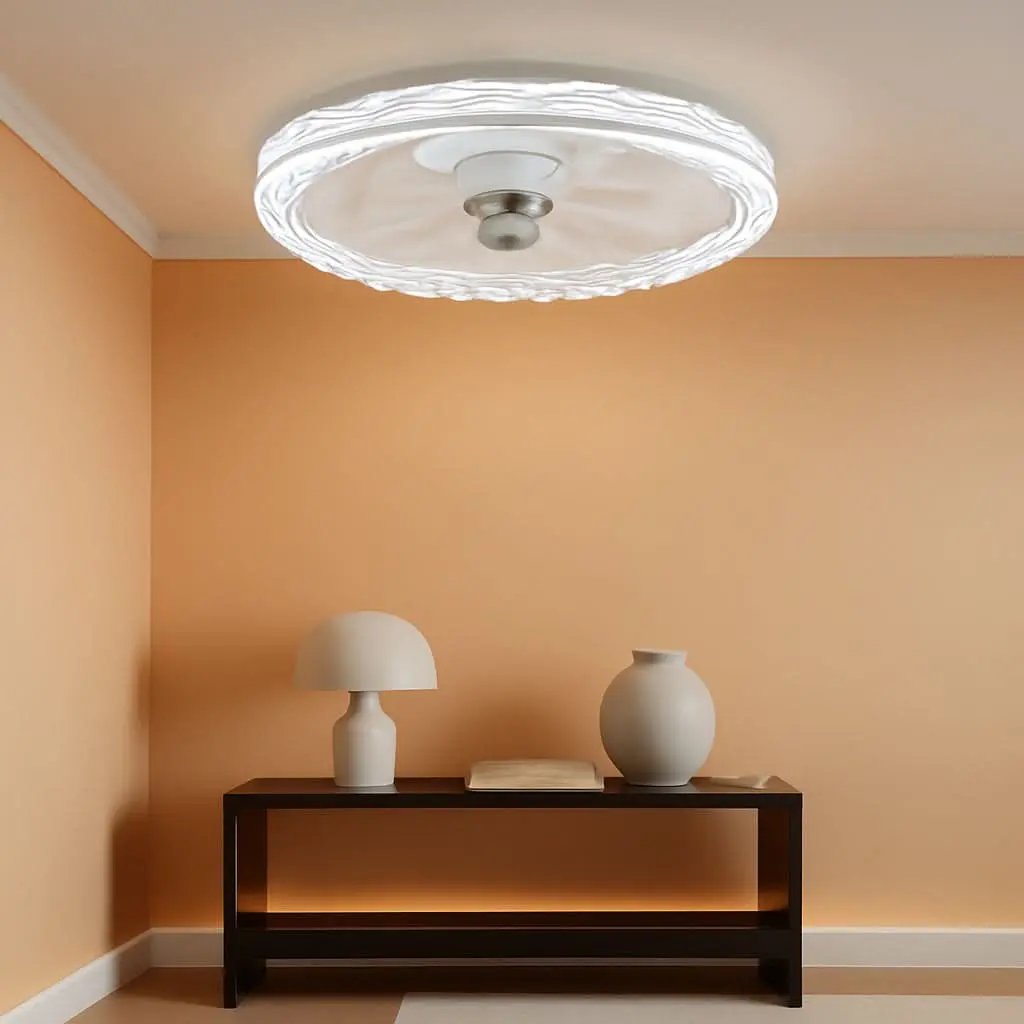 Ceiling light fixture in a room with a table and decorative items.