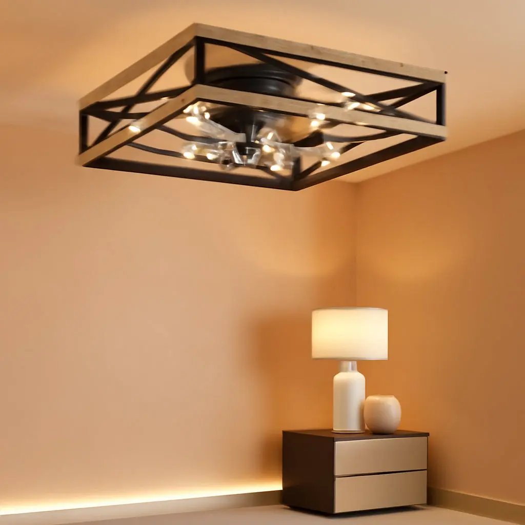 Modern ceiling light fixture on a wall with a side table and lamp in the foreground.