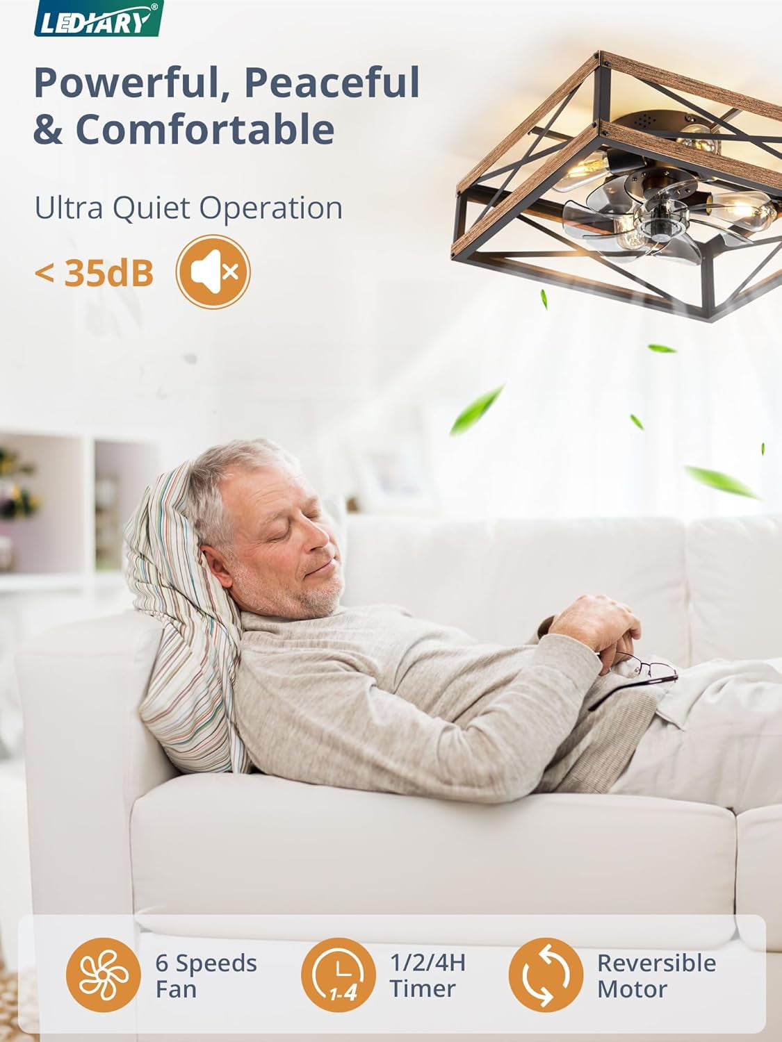 Man relaxing on a couch with a ceiling fan above, featuring LEDIARY brand and product features.