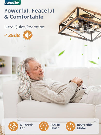 Man relaxing on a couch with a ceiling fan above, featuring LEDIARY brand and product features.