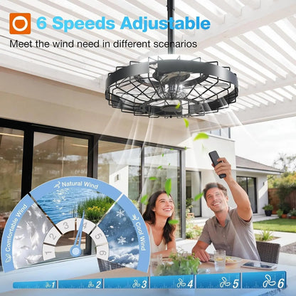 Ceiling fan with remote control and speed indicator in a patio setting