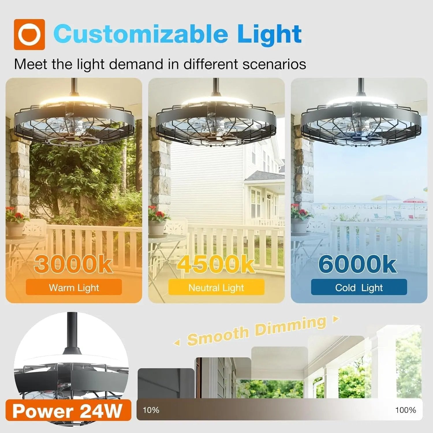 Customizable light fixture with different color temperatures and settings on a white background.