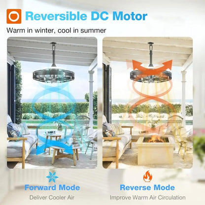 Outdoor patio scene with reversible DC motor system showing cooler and warmer air circulation modes.