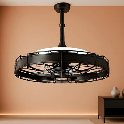 Black ceiling fan with light fixture against a beige wall