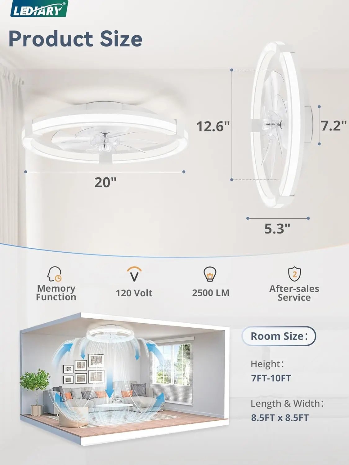 LEDARY ceiling light with dimensions and features displayed on a white background