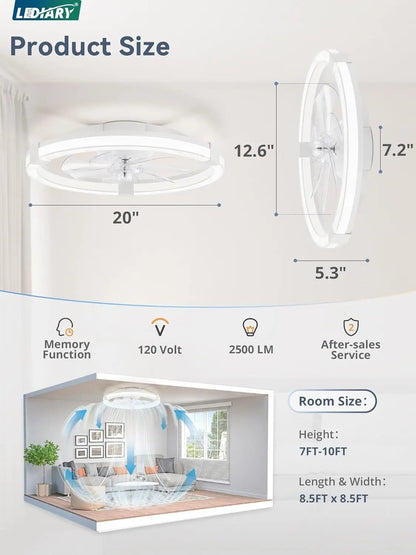 LEDARY ceiling light with dimensions and features displayed on a white background