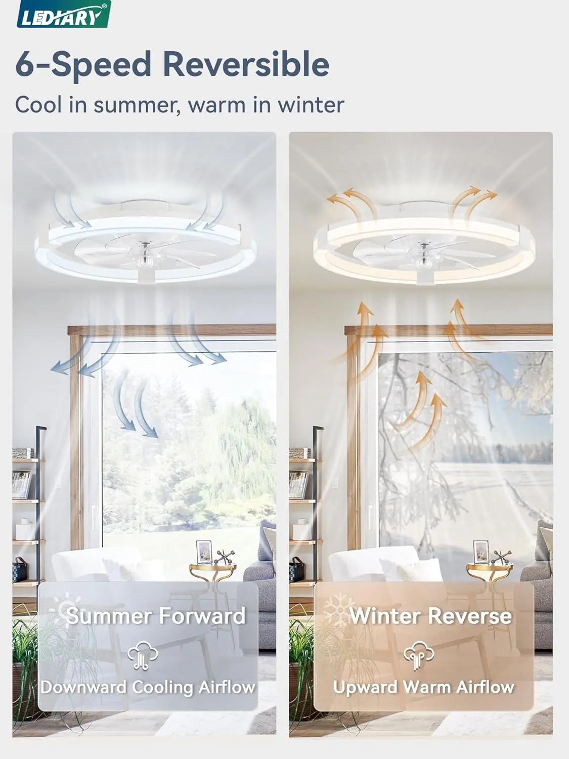 Ceiling fan with reversible airflow for summer and winter use, featuring LEDARY branding.