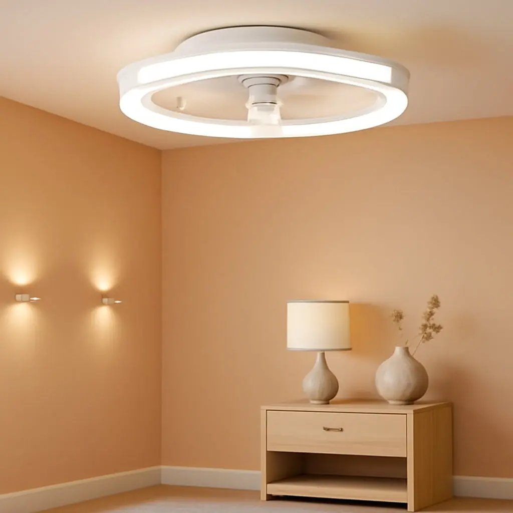 Ceiling fan light fixture in a room with beige walls and a wooden side table.