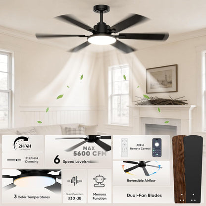 52-Inch Black Ceiling Fan with Dimmable LED Light & Memory Function