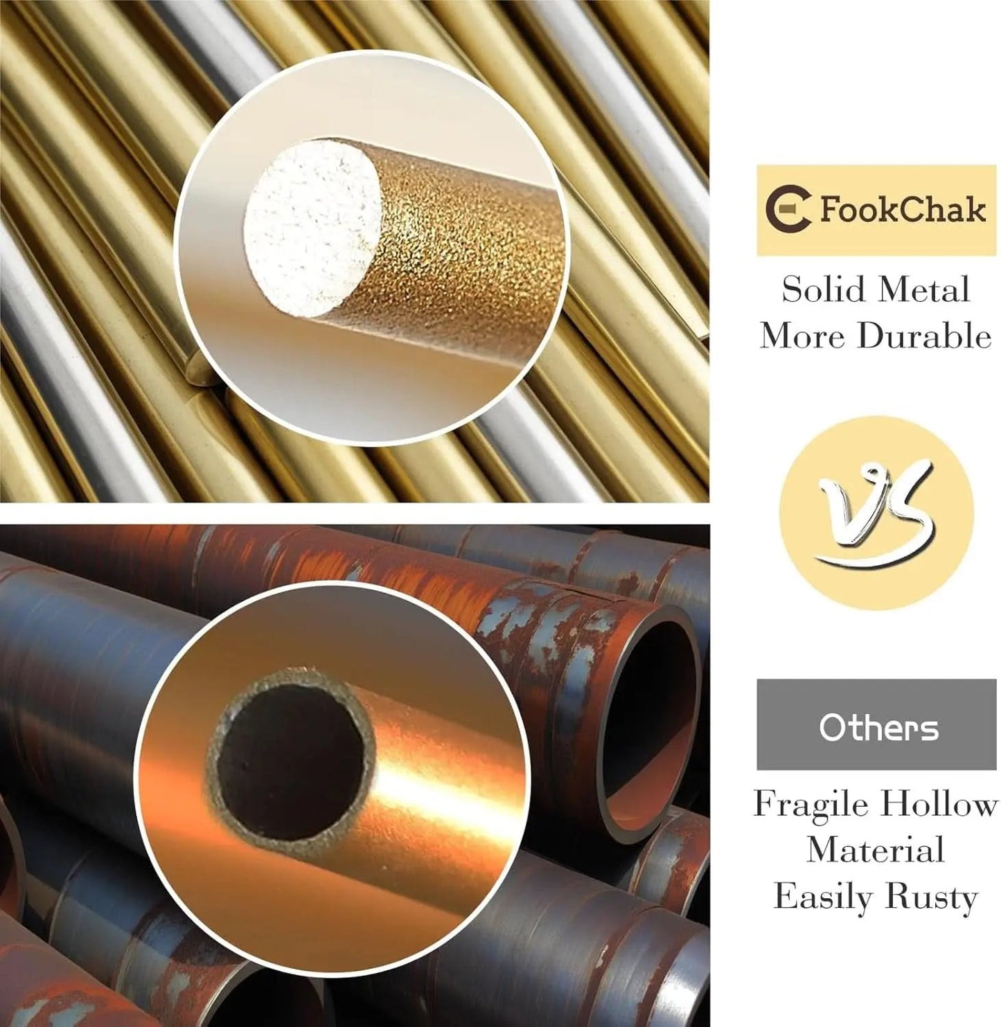 Comparison of solid metal and fragile hollow material with FookChak branding.