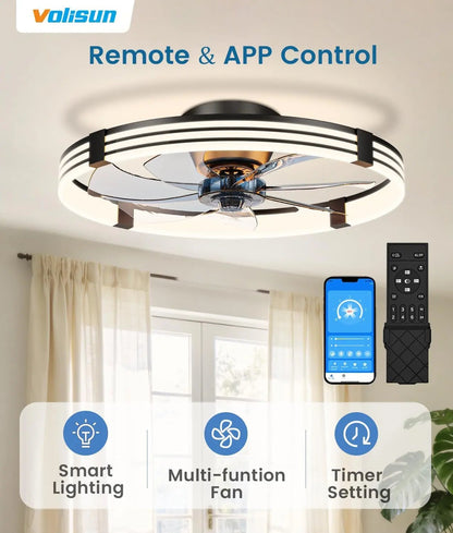 Ceiling fan with remote control and smartphone app on a neutral background