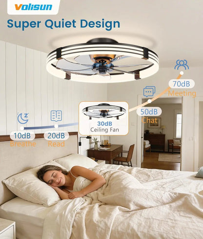 Ceiling fan in a bedroom with noise level indicators and a woman sleeping.