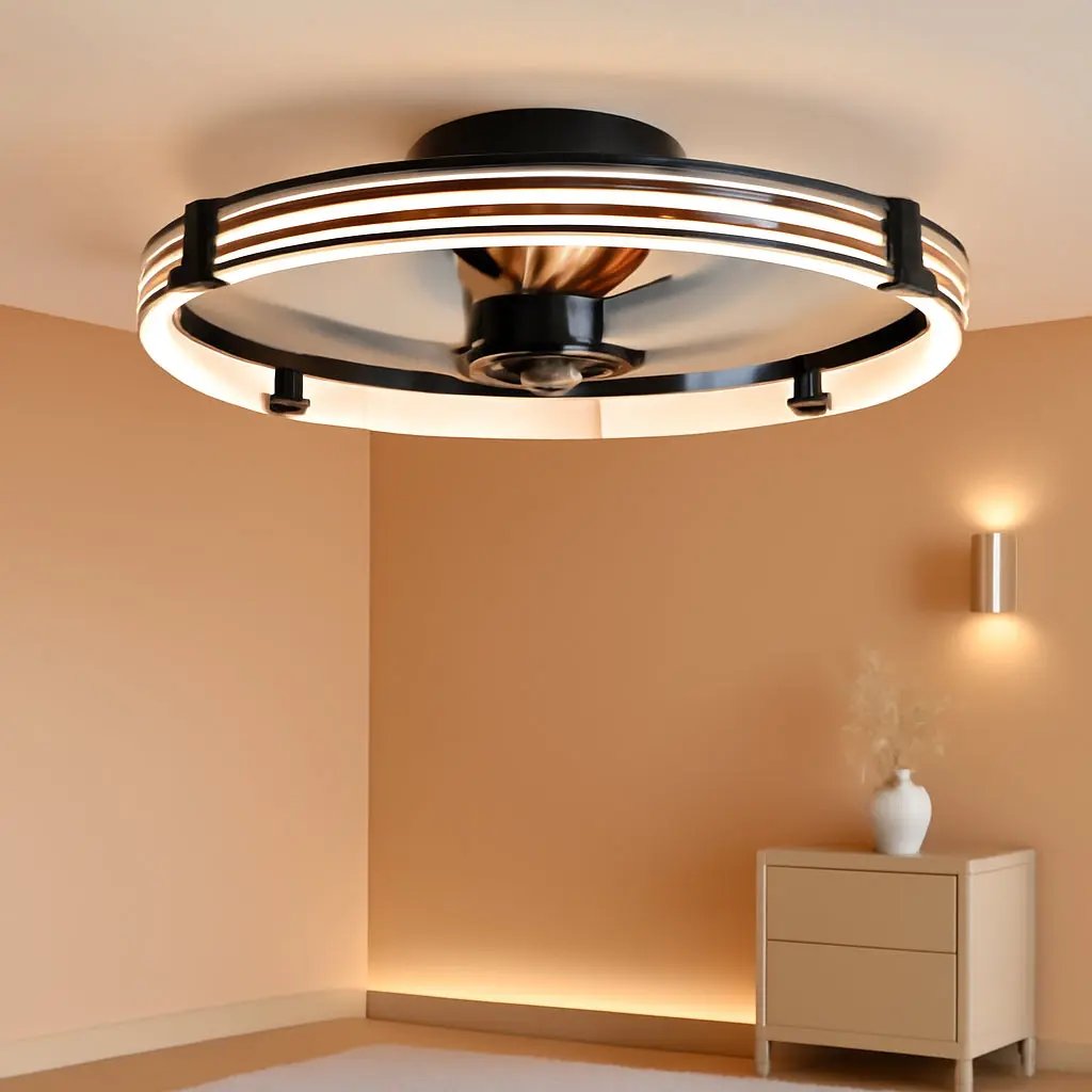 Ceiling fan with light fixture in a living room setting, featuring a smartphone app and remote control.