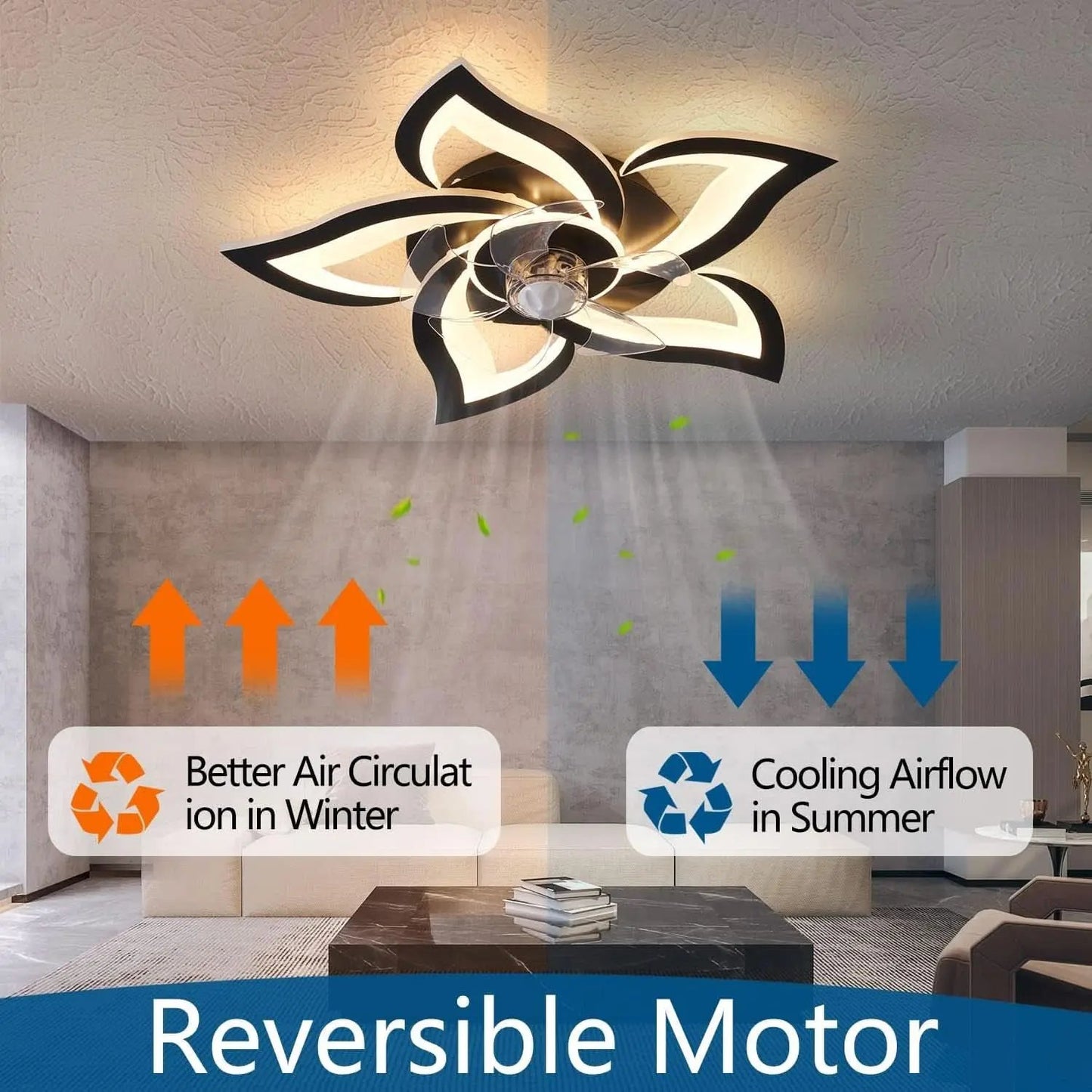 Ceiling fan with air circulation arrows and text indicating winter and summer functions in a living room setting.