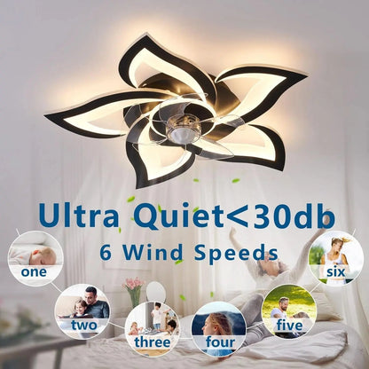 Ceiling fan with black and gold design in a room setting, featuring text about quiet operation and wind speeds.