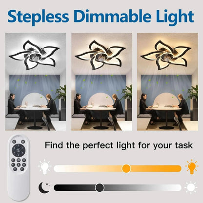 Stepless dimmable light fixture with remote control and slider for adjusting brightness in a modern office setting.