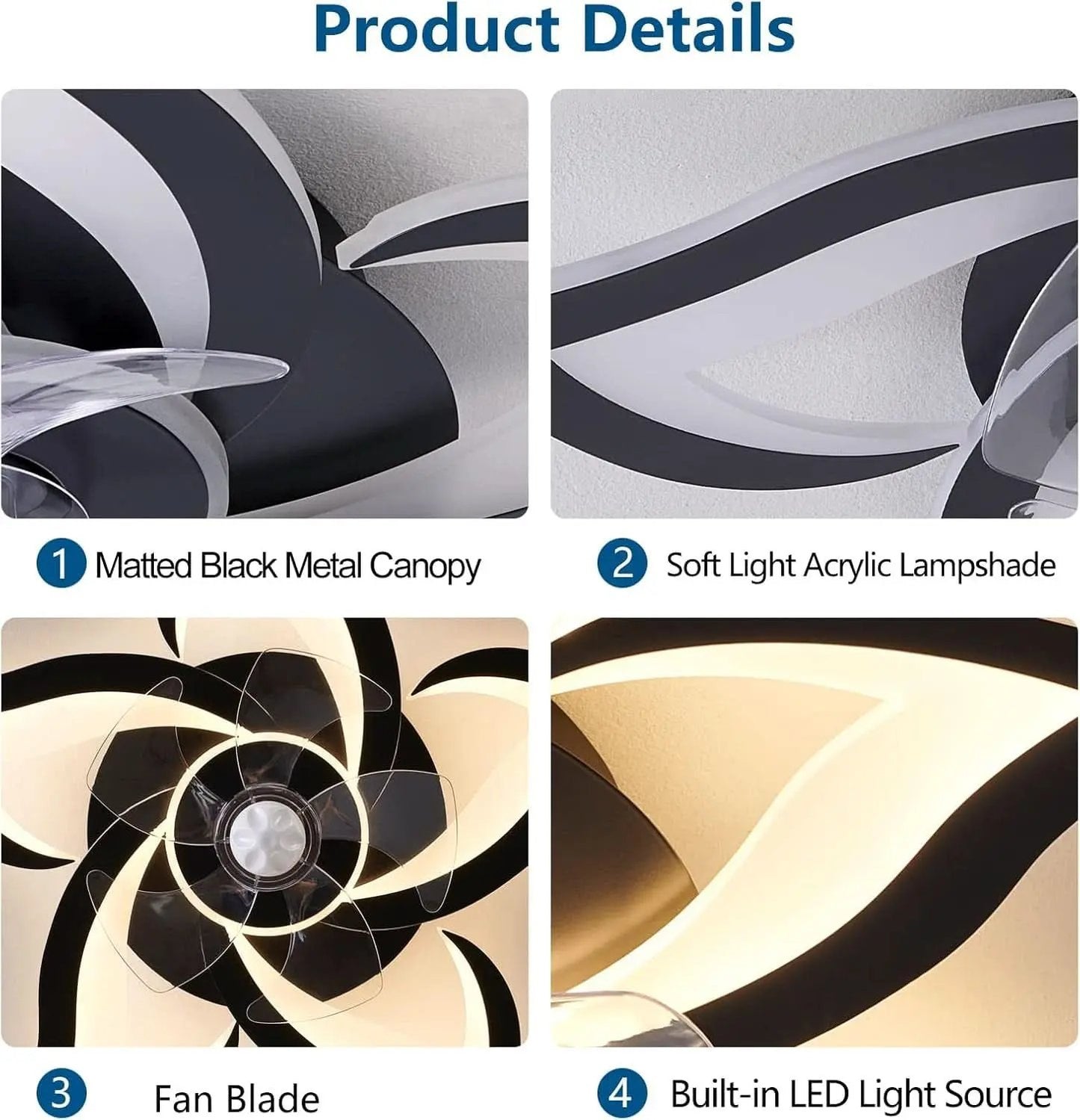 Product details of a ceiling light fixture with matted black metal canopy, soft light acrylic lampshade, fan blade, and built-in LED light source.