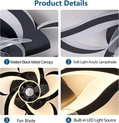Product details of a ceiling light fixture with matted black metal canopy, soft light acrylic lampshade, fan blade, and built-in LED light source.