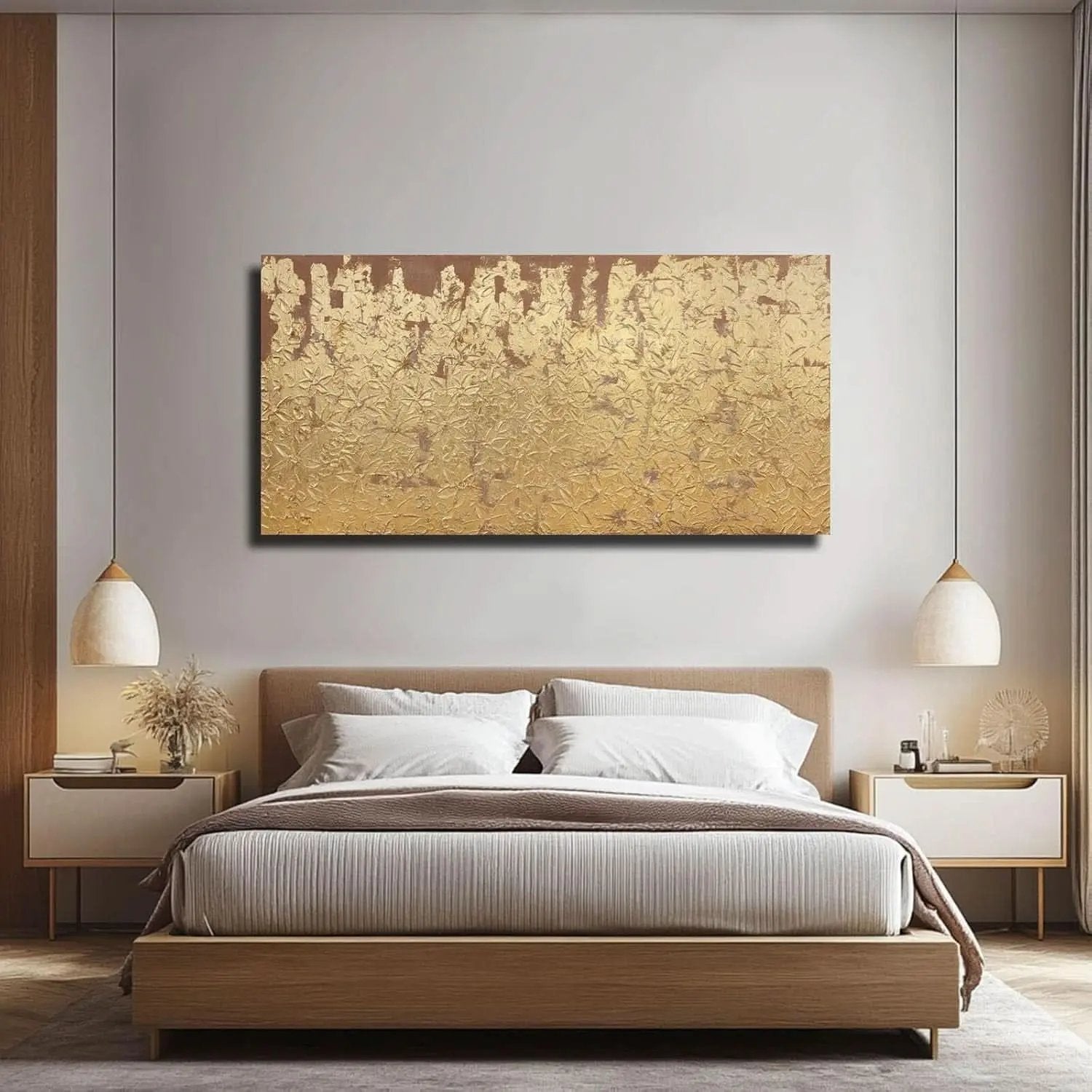 Modern bedroom with a bed, nightstands, and abstract art on the wall.