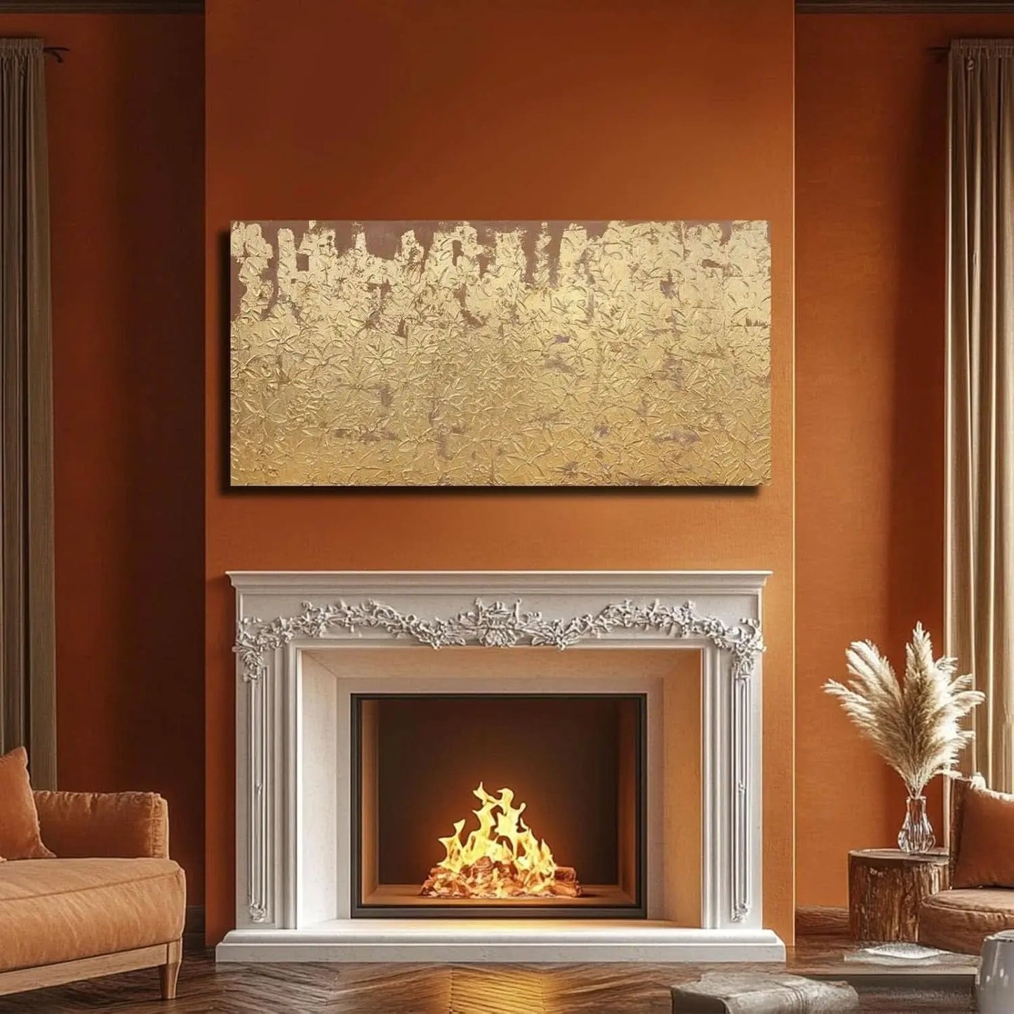 Living room with a fireplace, orange walls, and decorative elements.