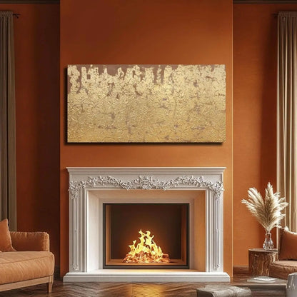 Living room with a fireplace, orange walls, and decorative elements.