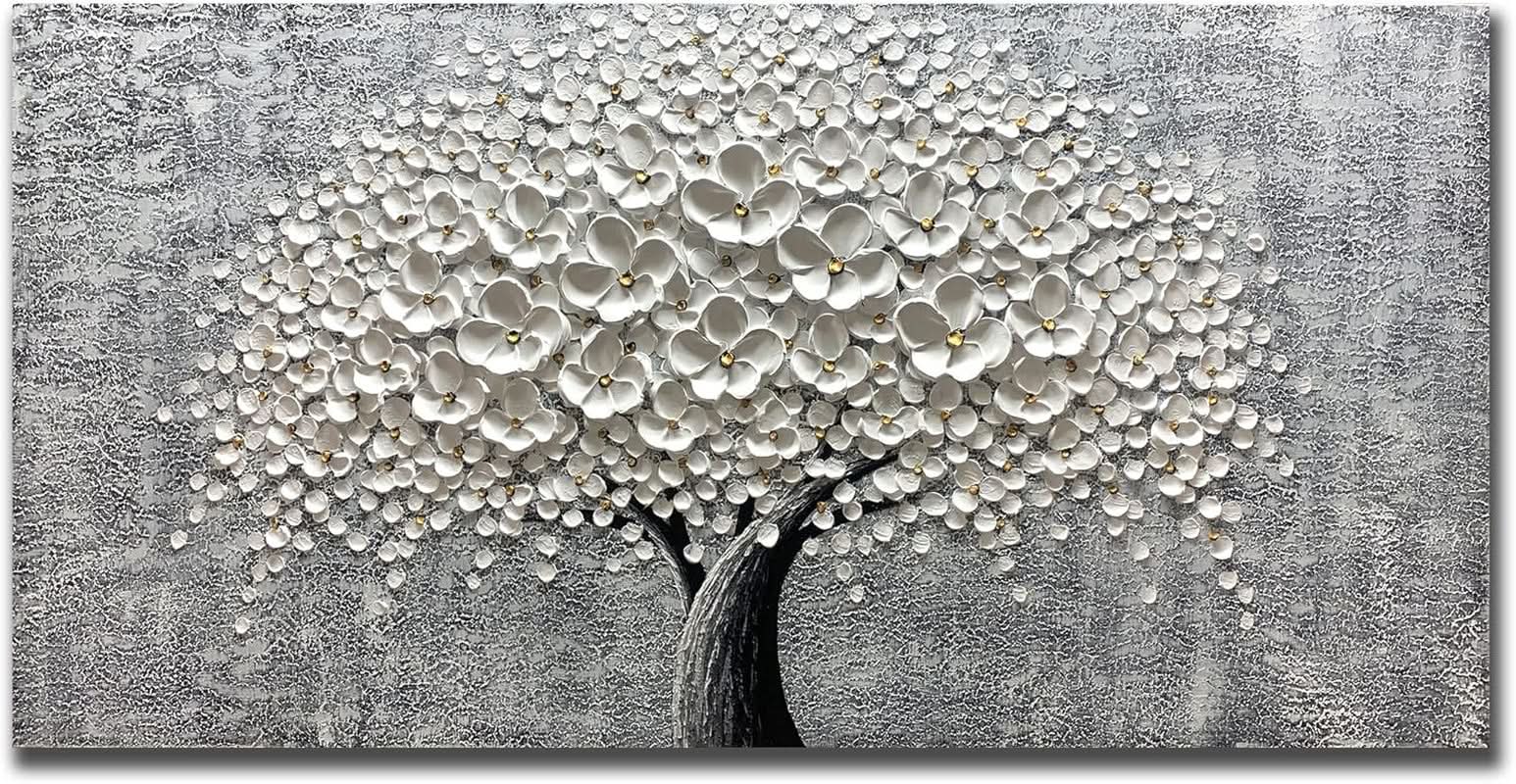 Abstract art of a tree with white blossoms on a gray background