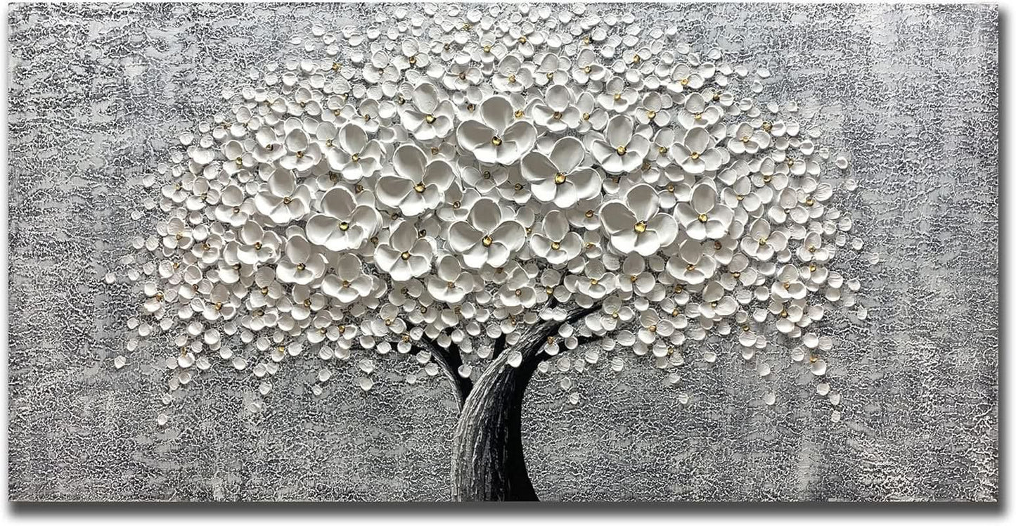 Abstract art of a tree with white blossoms on a gray background