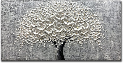 Abstract art of a tree with white blossoms on a gray background