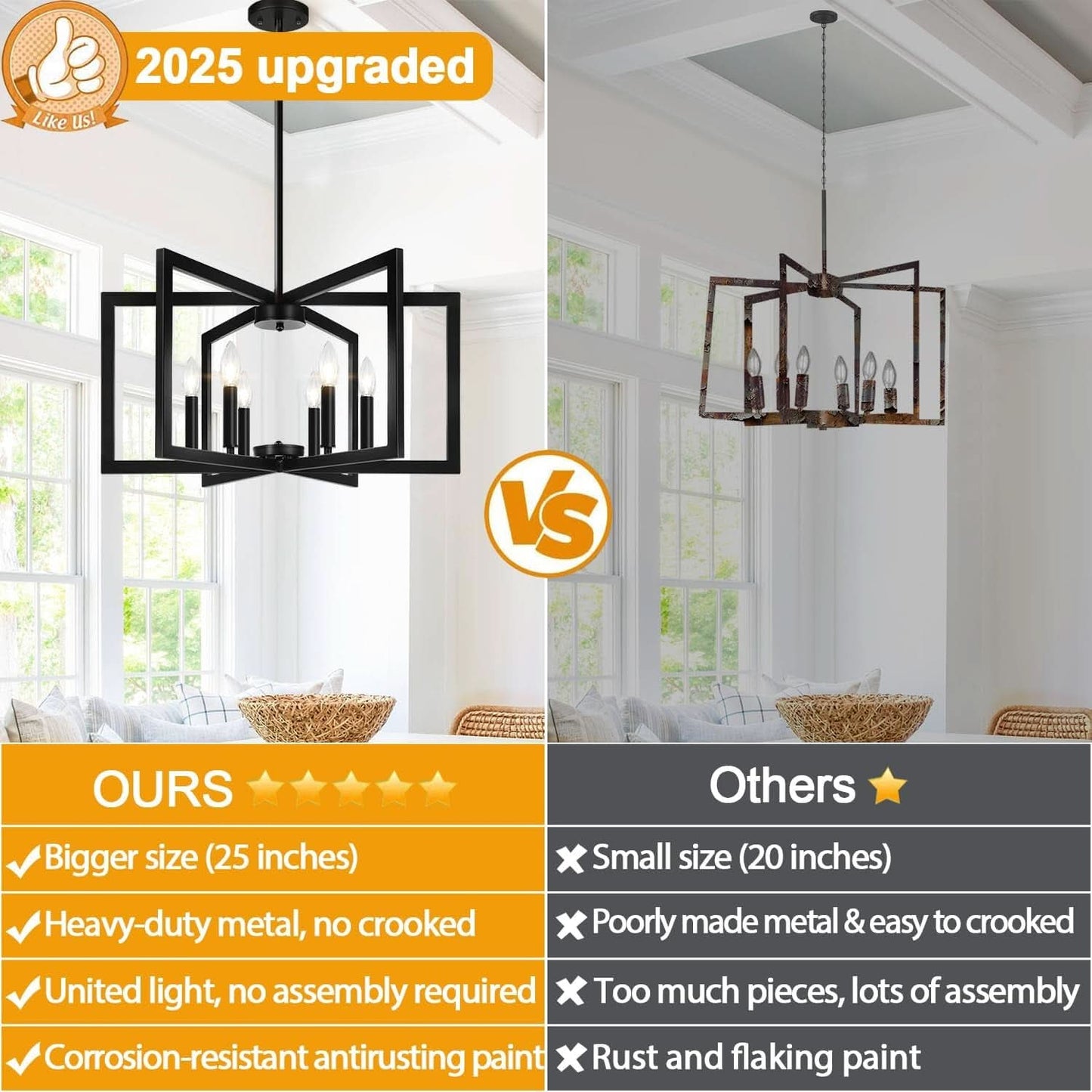 Black 6-Light Geometric Square Frame Chandelier 25 Inch